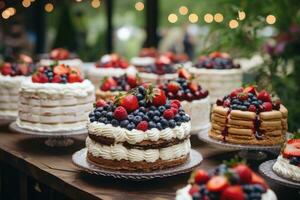 Cake with berries on a wooden table. Selective focus, Sweet tasty cakes with berries and cream on dessert table at wedding party, AI Generated photo