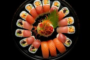 Sushi conjunto en un negro fondo, parte superior vista. japonés alimento, Sushi conjunto en un negro plato en un negro fondo, parte superior vista, ai generado foto