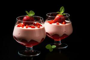 strawberry panna cotta in glasses on a black background, Strawberry panna cotta in glasses on a Black background, AI Generated photo