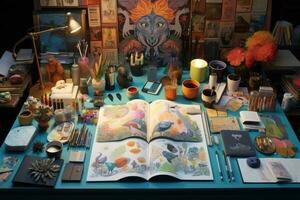 Pencils, paintbrushes and other tools on display at the artist's workshop, Step into a creative corner with books, a sketch-filled diary, colorful sticky notes, and a collection, AI Generated photo