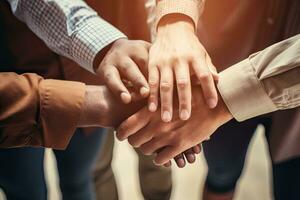 Teamwork concept. Close up of business people putting their hands together, Team members putting hands together close-up, top view, No visible faces, AI Generated photo