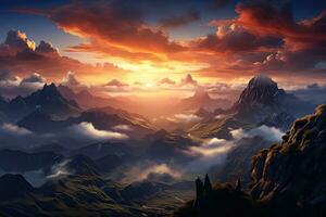 Fantasy alien planet. Mountain landscape. 3D illustration of a fantasy world, Sunrise on a mountain landscape view with clouds, AI Generated photo