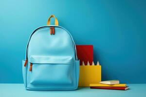 azul mochila con libros y lapices en azul antecedentes. espalda a colegio concepto. 3d representación, papelería conjunto con mochila en azul fondo, ai generado foto