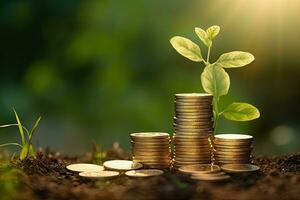 Investment concept, Coins stack growing on green background, business idea, Stacked gold coins on the grass and little plants growing on the coin stack, AI Generated photo