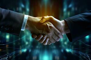 Close up of business people shaking hands on abstract background. Mixed media, The concept of the transaction, the handshake of businessmen, AI Generated photo