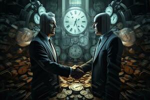 Conceptual image of two businessmen shaking hands against pile of coins, The concept of the transaction, the handshake of businessmen, AI Generated photo