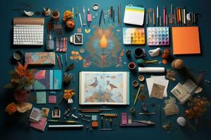 Top view of creative workspace with various stationery on blue background, Step into a creative corner with books, a sketch-filled diary, colorful sticky notes, and a collection, AI Generated photo