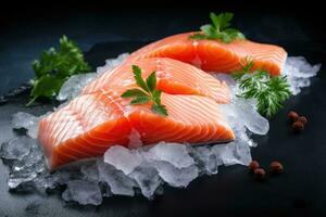 Fresh raw salmon fillets with parsley and ice on black background, Steaks of raw salmon on ice on a blue slate, AI Generated photo