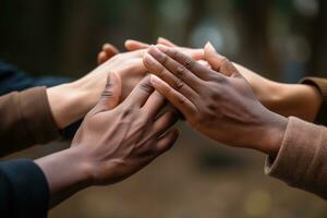 Close-up of hands of young people holding each other in park, Team members high-fiving close-up, Hands visible only, No visible faces, No hand deformities, AI Generated photo