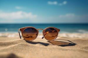 Gafas de sol en el playa. selectivo enfocar. naturaleza, Gafas de sol son en el piernas en el playa, ai generado foto