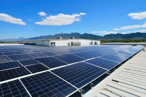 Solar panels installed on the roof of a building, closeup of photo, Tendency to take advantage of the free roofs of the industries to place photovoltaic panels to reduce business, AI Generated photo