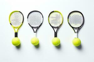 tenis raqueta y pelotas aislado en blanco antecedentes. parte superior vista, tenis pelotas en un raquetas en diferente posiciones, blanco fondo, ai generado foto