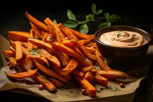 horneado dulce patata rebanadas con hierbas en rústico de madera fondo, dulce patata papas fritas con mayonesa y salsa de tomate, ai generado foto