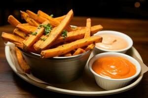 sweet potato fries with tomato and mayonnaise sauce on wooden table, Sweet potato fries with mayo and ketchup, AI Generated photo