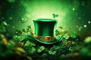 Green leprechaun hat on green background with clover leaves, St. Patrick's Day composition with green beer, shamrock, leprechaun hat, horseshoe and musical instruments on brown, AI Generated photo