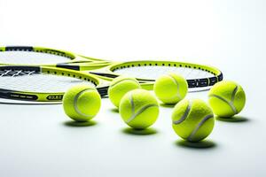 tenis pelotas y raqueta aislado en blanco antecedentes. deporte equipo, tenis pelotas en un raquetas en diferente posiciones, blanco fondo, ai generado foto