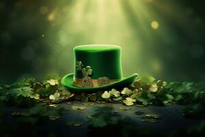 Green leprechaun hat with gold coins and clover leaves on dark background, St. Patrick's Day composition with green beer, shamrock, leprechaun hat, horseshoe and musical instruments, AI Generated photo