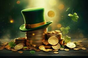 St. Patrick's Day background with coins and leprechaun hat, St. Patrick's Day composition with green beer, shamrock, leprechaun hat, horseshoe and musical instruments on brown, AI Generated photo