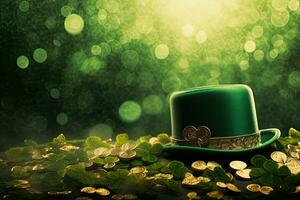 Green leprechaun hat with gold coins on bokeh background, St. Patrick's Day composition with green beer, shamrock, leprechaun hat, horseshoe and musical instruments on brown background, AI Generated photo