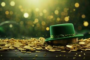 Leprechaun hat with golden coins on bokeh background, St. Patrick's Day composition with green beer, shamrock, leprechaun hat, horseshoe and musical instruments on brown background, AI Generated photo