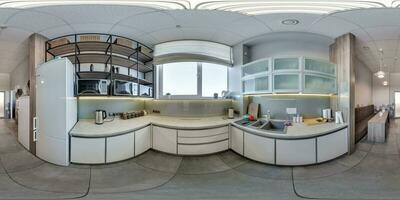 full seamless spherical hdri 360 panorama view in white interior of modern luxure kitchen in studio apartments with cupboard in equirectangular projection, VR content photo