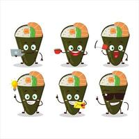 Temaki cartoon character with various types of business emoticons vector