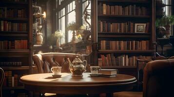 Cosy vintage library. AI generated image. photo