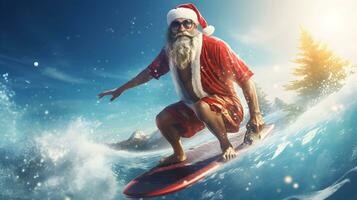 Man surfing in Santa Claus costume. Christmas vacation concept. AI generated image. photo