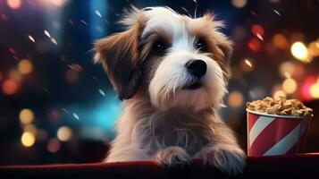 Super cute dog watching movie in the cinema. AI generated image. photo