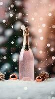 Bottle of sparkling champagne with Christmas tree on background. AI generated image. photo