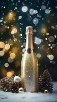 Bottle of sparkling champagne with Christmas tree on background. AI generated image. photo