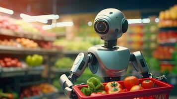 Super cute Robot in the supermarket buying vegetables. Delivery concept. AI generated image. photo