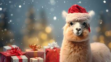 Super cute alpaca in Santa hat with gift boxes. Merry Christmas greeting concept. AI generated image. photo