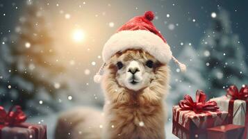 súper linda alpaca en Papa Noel sombrero con regalo cajas alegre Navidad saludo concepto. ai generado imagen. foto