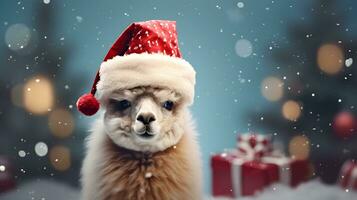 Super cute alpaca in Santa hat with gift boxes. Merry Christmas greeting concept. AI generated image. photo