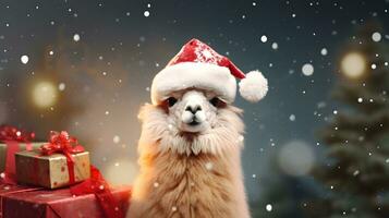 súper linda alpaca en Papa Noel sombrero con regalo cajas alegre Navidad saludo concepto. ai generado imagen. foto