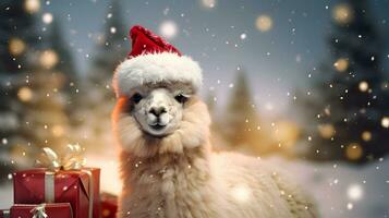 Super cute alpaca in Santa hat with gift boxes. Merry Christmas greeting concept. AI generated image. photo