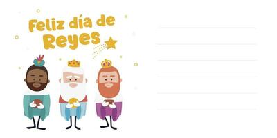 Happy epiphany written in spanish. Three funny wise men. Kings of orient on blue background. Christmas vectors