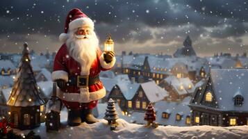 Papa Noel claus sentado en el techo. Navidad regalos entrega. ai generado imagen. foto