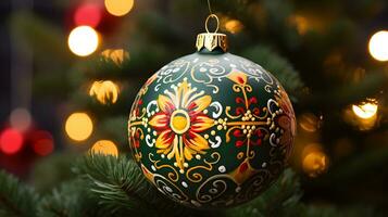 Christmas tree ball with folk ornament. AI generated image. photo