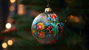 Christmas tree ball with folk ornament. AI generated image. photo