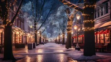 Empty street decorated for Christmas. Winter wonderland. AI generated image photo