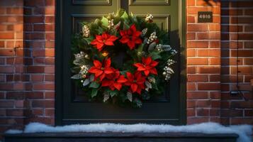 Navidad abeto y flor de pascua guirnalda en el puerta. ai generado imagen. foto