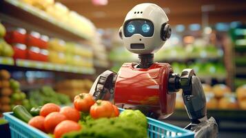 Super cute Robot in the supermarket buying vegetables. Delivery concept. AI generated image. photo