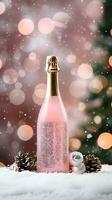 Bottle of sparkling champagne with Christmas tree on background. AI generated image. photo