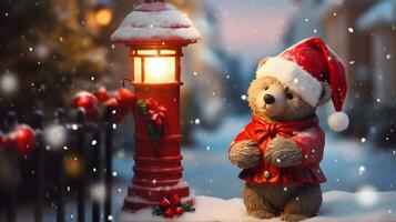 Super cute Teddy bear in Santa hat with giftbox. AI generated image photo