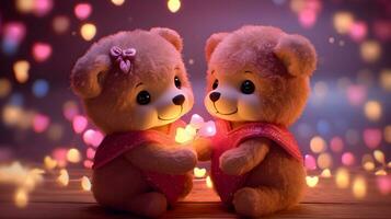 Super cute Teddy bears couple in love. Happy Valentine's day concept background. AI generated image. photo