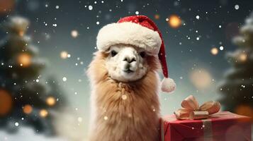 Super cute alpaca in Santa hat with gift boxes. Merry Christmas greeting concept. AI generated image. photo