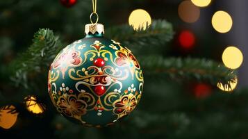 Christmas tree ball with folk ornament. AI generated image. photo