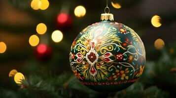 Christmas tree ball with folk ornament. AI generated image. photo